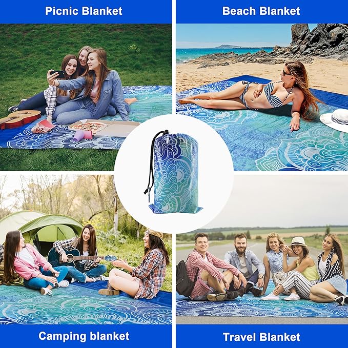 Beach Blanket Waterproof Sandproof, 111x121Inch Sand Free Beach Mat, Quick Drying, Light Weight and Portable Outdoor Picnic Mat for Travel, Camping