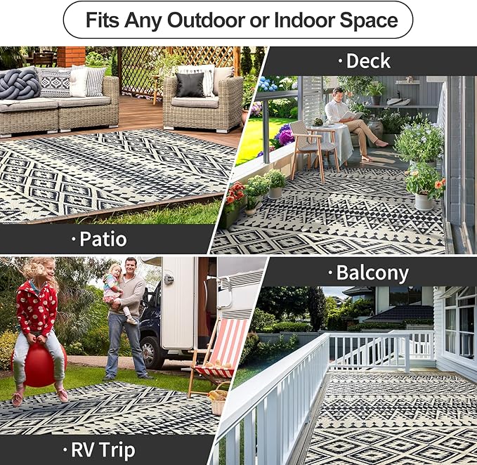 Waterproof Outdoor Rug 5x8ft, Bohemia Reversible Plastic Straw Mat for Patio RV Deck Porch Backyard Balcony Camping Picnic Beach Indoor Outdoor Carpet, Black&Beige