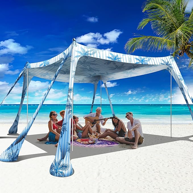 Beach Canopy Beach Tent Pop Up Shade 10x10ft Sun Shelter UPF50+ with 8 Sandbags-2 Sand Shovel-4 Aluminum Poles-Ground Pegs-Portable Carrying Bag for Outdoor Family Camping Fishing Yard Picnic