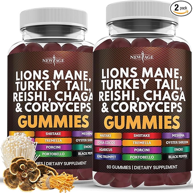 NEW AGE Mushroom Lion's Mane Supplement Gummies - Comprehensive Mushroom Supplement for Cognitive & Immune Support, with Reishi, Cordyceps - 120 Count