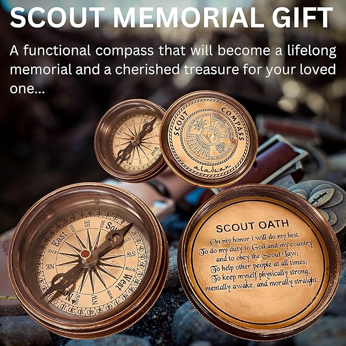 Scout Compass Gift Boys - Engraved Scout Oath Compass in wood Box Scout Always Prepared Camping Orienteering Compass, Hiking Backpacking Compass gift, 50 year calander