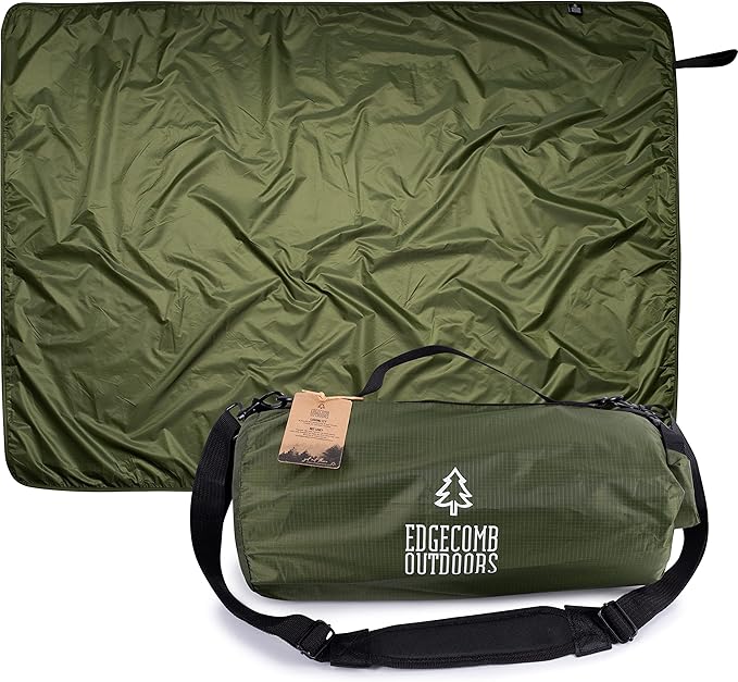 Large Waterproof Outdoor Camping Blanket by Edgecomb, Lightweight Picnic Blanket for Cold Weather, Stadium, Camp, Insulated Windproof, Ripstop Nylon with Waterproof Storage Bag, Micro Fleece (Green)
