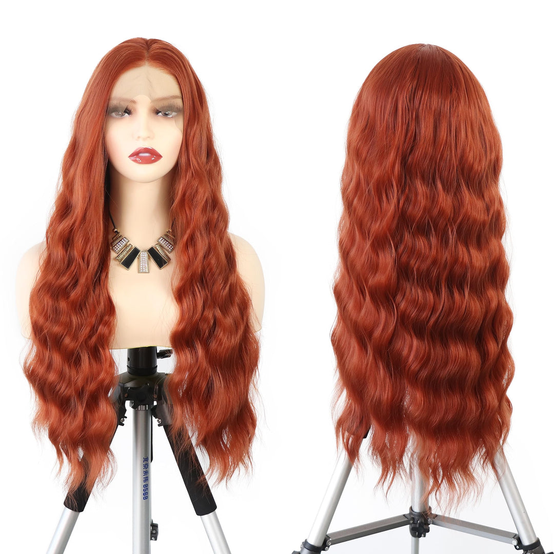 WXHWCX Copper Red Synthetic Lace Front Wigs Middle Part Loose Wave Heat Resistant Cosplay Wig Natural Hairline Fiber Hair Glueless Lace Wigs for Women