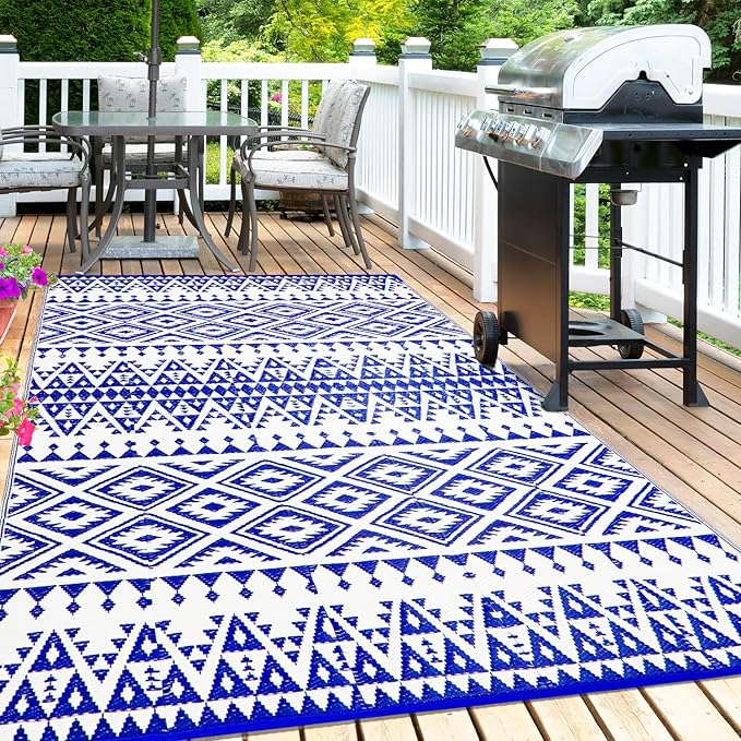 Outdoor Rug Mat for Patio, 6x9ft Waterproof Reversible Plastic Straw Rugs, Camping Carpet Area Mats for RV, Porch, Deck, Backyard, Balcony, Camper, Trailer, Blue & White