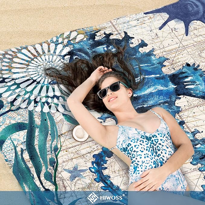 Beach Blanket Waterproof Sandproof Oversized 95”x 80”,Sand Free Beach Mat with Corner Pockets,Portable Mesh Bag for Beach Festival,Picnic,Travel and Outdoor Camping (Seahorse)