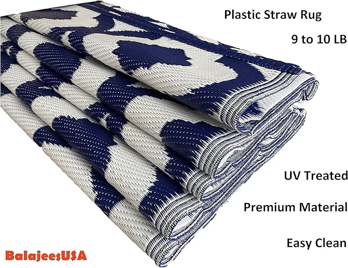 BalajeesUSA Outdoor Rug - 9x12 Blue, reversible Recycled Plastic straw Outdoor Patio Rugs Clearance Waterproof Large RV Camper Rug 484