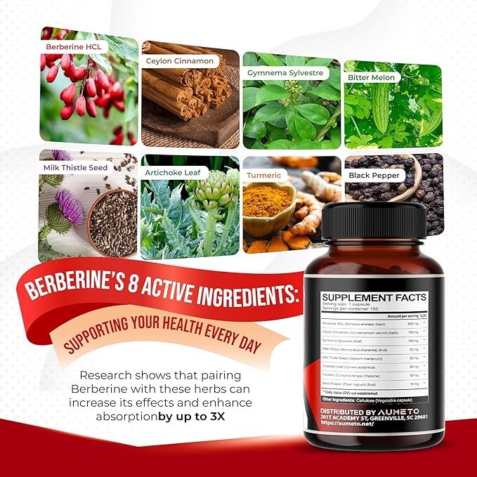 8 in 1 Berberine Supplement - Per Capsule Provides - Support Digestion, Immunity - with Ceylon Cinnamon, Milk Thistle, Turmeric, Bitter Melon