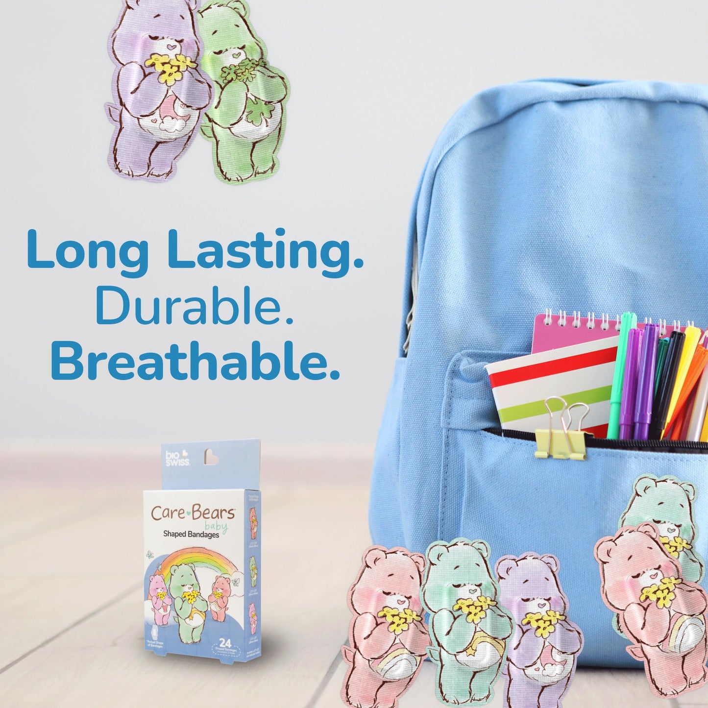 BioSwiss Care Bears Bandages, Baby Care Bear Shaped Self Adhesive Bandage, Latex Free Sterile Wound Care, Fun First Aid Kit Supplies for Kids, 24 Count