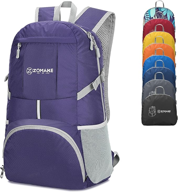 ZOMAKE Lightweight Packable Backpack 35L, Light Foldable Backpacks Water Resistant Collapsible Hiking Bag, Compact Folding Day Pack for Travel Camping(Purple)