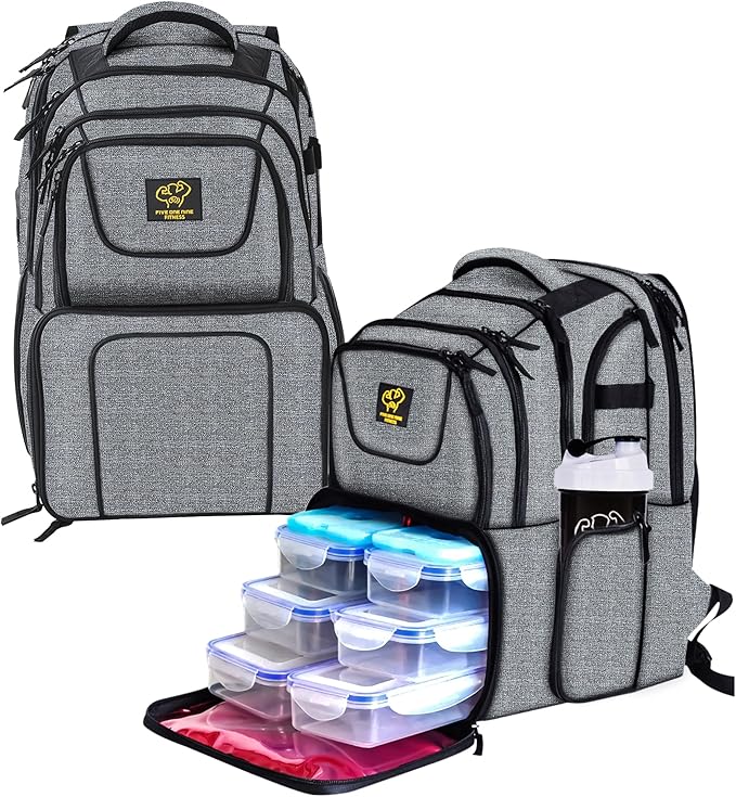 519 Fitness Meal Prep Backpack,Hiking Outdoor Insulated Unisex Lunch Cooler with Computer Compartment,Include 6 Meal Containers,2 Ice Packs and Shaker