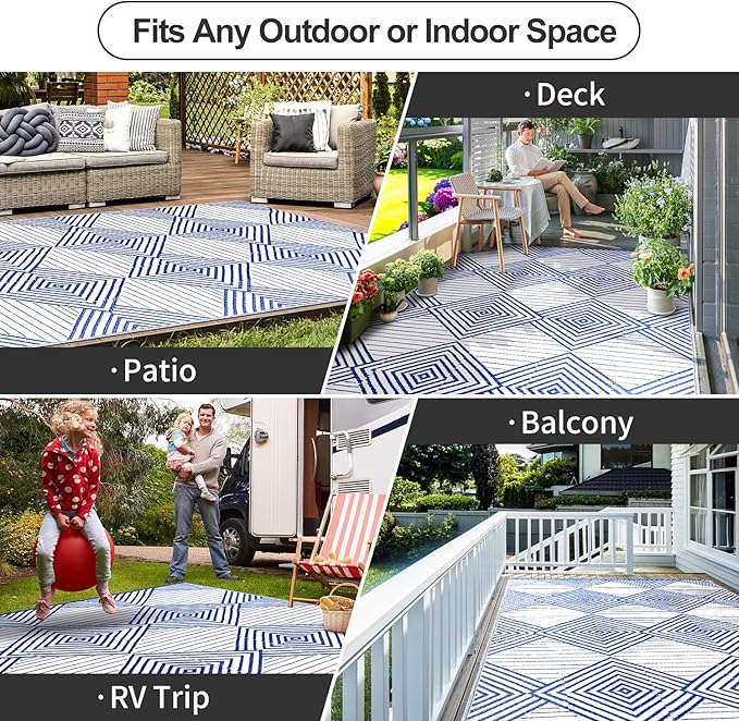 Waterproof Outdoor Rug 5x8ft, Foldable Reversible Plastic Straw Mat for Patio RV Deck Porch Backyard Balcony Camping Picnic Beach Indoor Outdoor Carpet, Blue&White