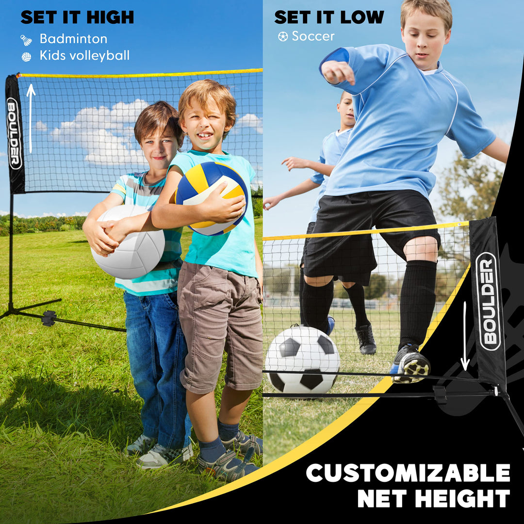 Boulder Badminton Pickleball Net - Height Adjustable Portable Net for Junior Tennis, Kids Volleyball & Soccer, and Backyard Games - Easy Setup Nylon Sports Net with Poles 10 ft/14ft/17ft Wide