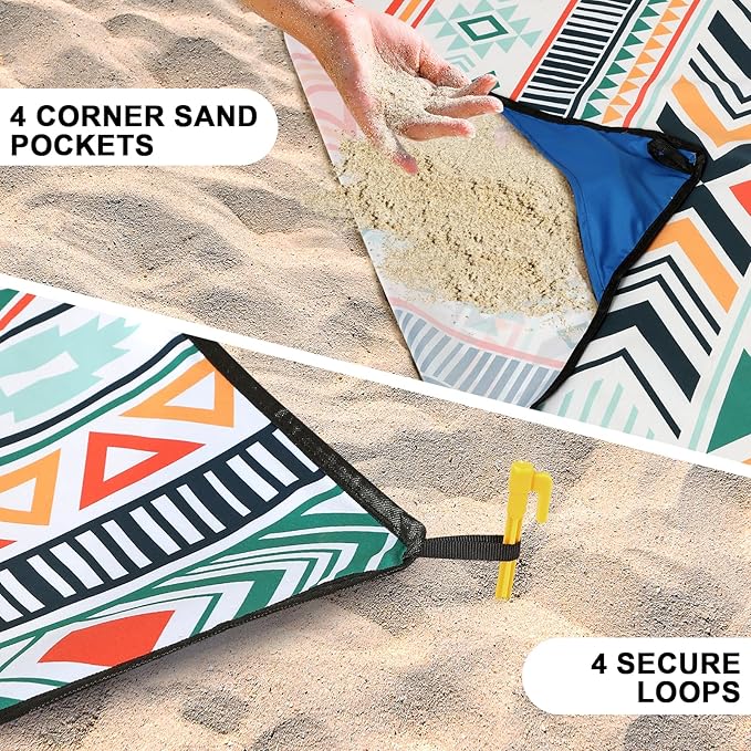 Beach Blanket, Sandproof Beach Mat, Waterproof Quick Drying Lightweight Outdoor Aztec Picnic Mat 79" X 83" for 2-4 Adults with Pocket for Travel, Camping, Hiking