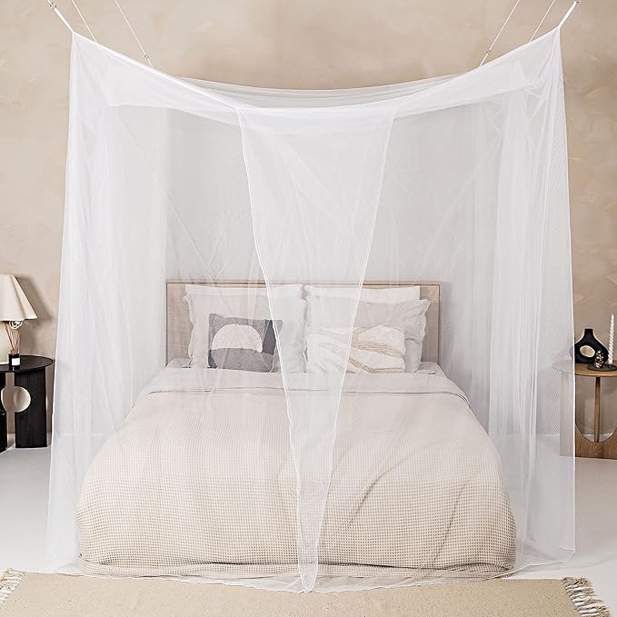 Mosquito Net for Single to King-Sized Beds – 4 Side Openings & 6 Hanging Loops – Decorative Rectangular Shape for Home & Travel – Bed Canopy Hanging Kit & Carrying Bag Included