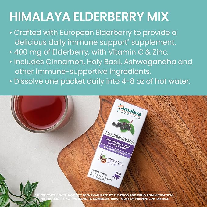Himalaya Elderberry Mix, Drink Mix Supplement, Immune Support with Elderberry, Zinc, Vitamin C and Holy Basil, Caffeine Free, 10-0.15 oz (4.3 g) Packets, Easy to Mix, Gluten Free