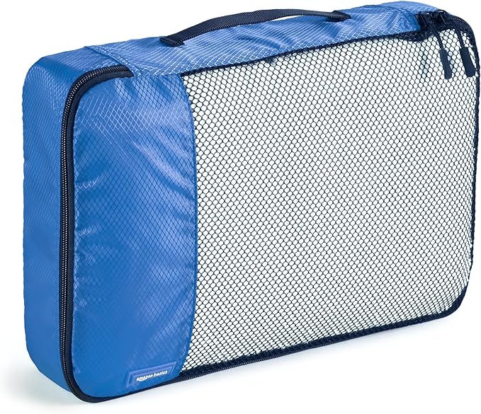 Amazon Basics Packing Cubes for Travel, Packing Organizers Set, 4-Piece-Set (Slim, Small, Medium, Large) With Double Zipper Pulls and Mesh Top Panel, 100% Durable Polyester, Blue