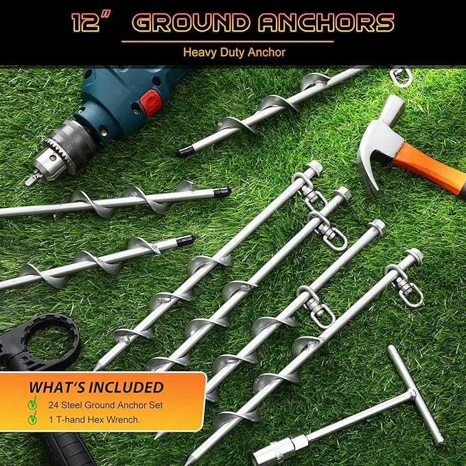 Zhengmy 24 Pcs Ground Anchors Screw in, 12 Inch Heavy Duty Tent Stakes with Trampoline Anchor Hook Ground Stakes for Camping Tent Canopies Ports Sheds Swing Sets Securing Animals (Silver)
