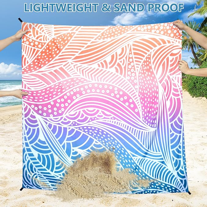 Beach Blanket Sandproof Extra Large Beach Mat Adults Waterproof Quick Drying Sand Free Mat Made by Premium Polyester with 4 Stakes & 4 Corner Pockets for Outdoor Travel Camping Hiking
