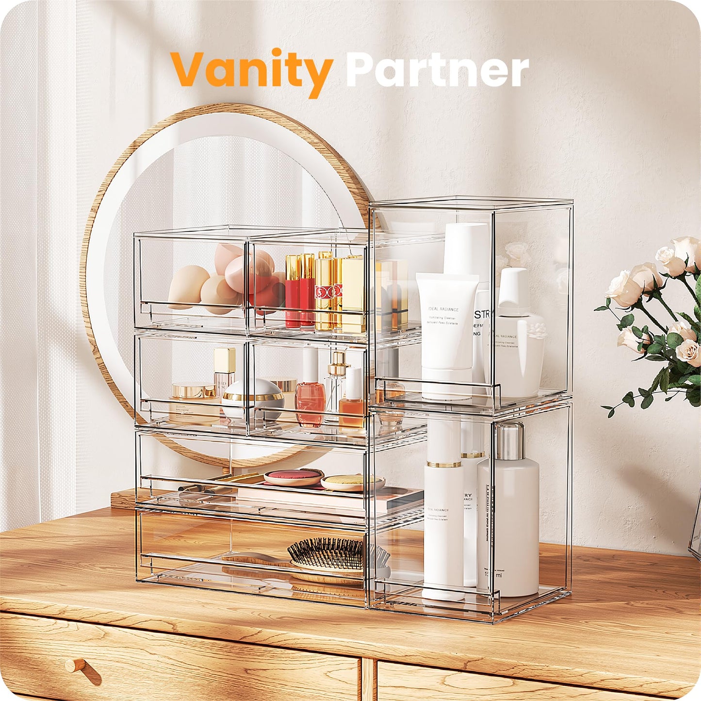A-LuGei 2 Pack 𝗖𝗿𝘆𝘀𝘁𝗮𝗹 𝗖𝗹𝗲𝗮𝗿 Vanity Makeup Organiser, Stackable Acrylic Desk Drawer Organisers and Storage, Plastic Organisation Box for Bathroom Skincare Perfume Medicine Under Sink
