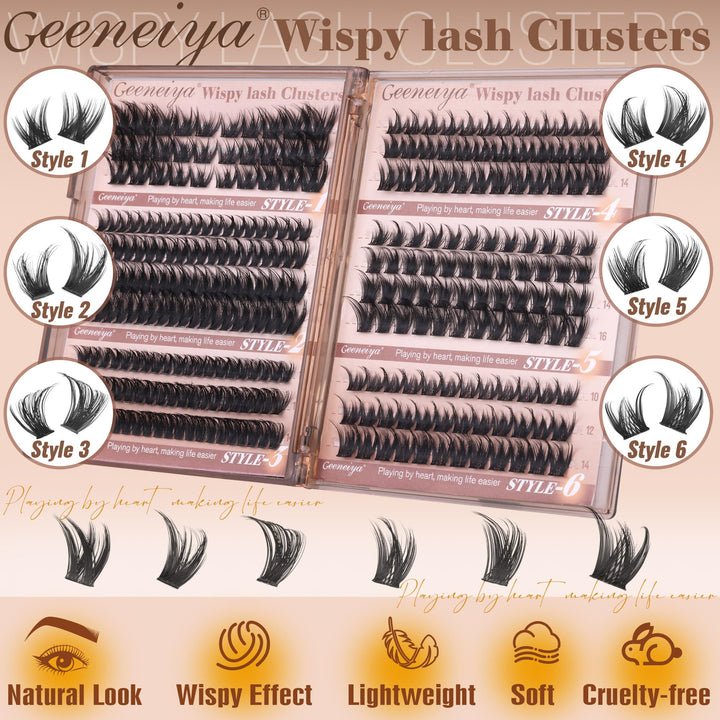 Geeneiya Wispy Lash Clusters 6 Styles Eyelash Clusters Natural Cluster Eyelash Extensions D Curl Individual Lashes 9-16mm DIY Lash Extension for Beginners(Wispy/Manga/Cat Eye/Natural/Spiky/Cross)