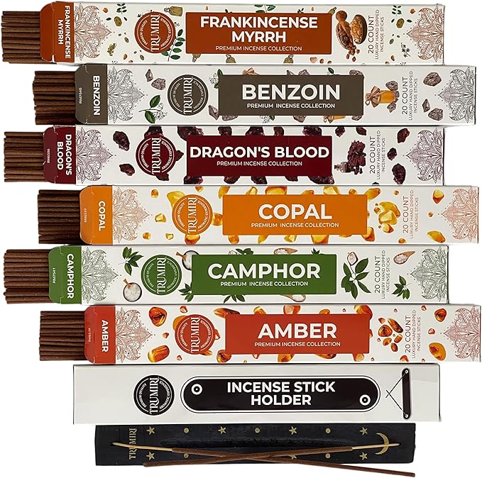 Trumiri Incense Sticks - 120 Insence-Sticks (20 Insense x 6 Incents) - Incienso Inscents-Sticks with Dragon Blood Frankincense Myrrh Benzoin Amber Copal Resin and Camphor Alcanfor + Incense Holder