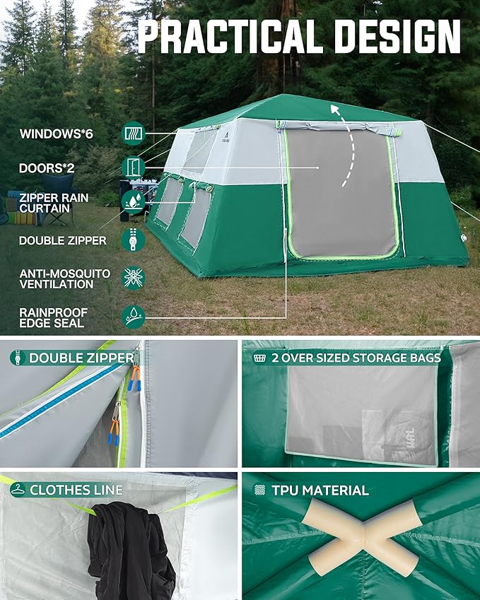 14.1'x6.5'x9' Inflatable Tents for Camping, Portable 6/8/10 Person Blow Up Air Tent, Waterproof Windproof Easy Setup Large Family Tent with 2 Doors, 6 Windows, Mosquito Screen