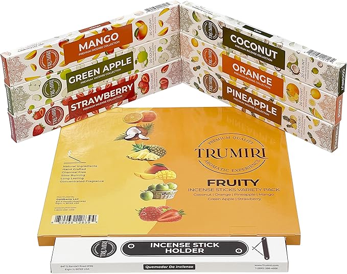 Fruity Incense Sticks Variety Pack - 120 Insence-Sticks (6 Incents x 20 Insense) - Coconut Orange Pineapple Mango Strawberry Apple - Natural Inscents-Sticks Non Toxic Inciensos + Stick Incense Holder
