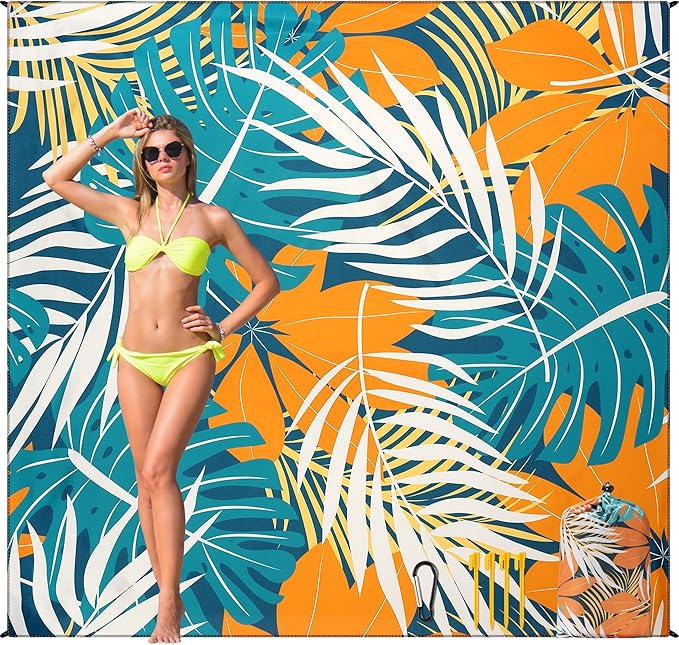 Beach Blanket Waterproof Sandproof Beach Mat 79”x 83” for 1-4 Adults Quick Drying Durable Outdoor Picnic Mat for Beach Festival Travel Camping Hiking (BK&GN&O-Palm, 79"×83"(4 Person))