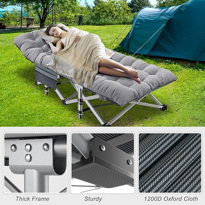 ABORON Oversized XXL Folding Camping Cot W/Mat for Adults, 78" L x 32" W x 18" H Heavy Duty Outdoor Bed with Carry Bag,1200 D Layer Oxford Travel Camp Cots