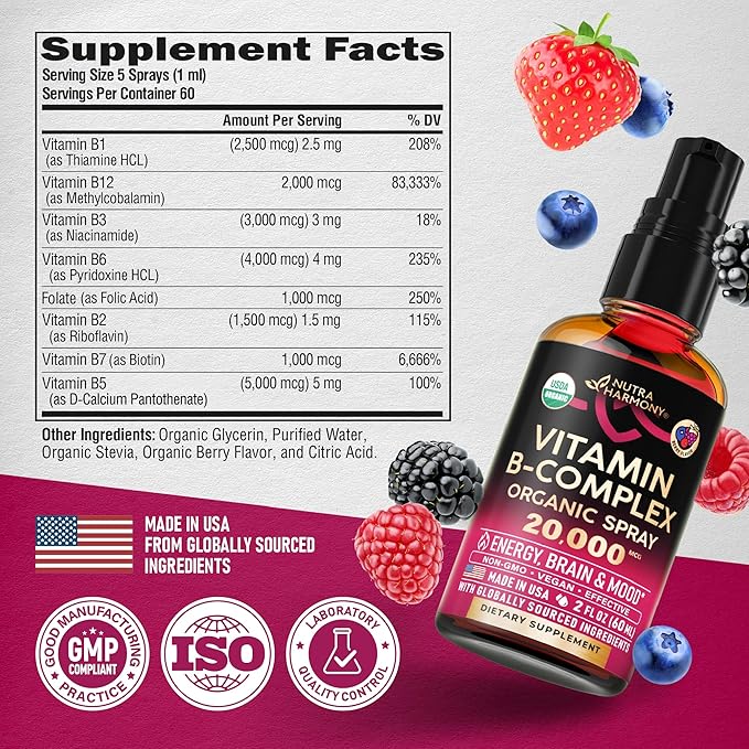 USDA Organic Vitamin B-Complex Liquid Spray 8-in-1 - B5 Pantothenic Acid | B12 Methylcobalamin | B1 Thiamine | B6 Pyridoxine | B7 Biotin | B9 Folic | B3 Niacinamide - Made in USA Supplement, 2fl oz