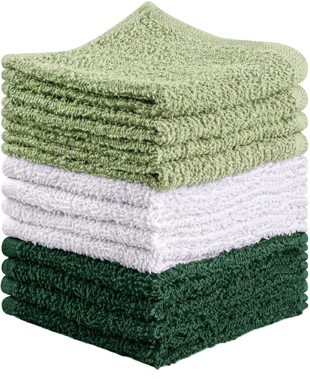 Towel and Linen Mart 100% Cotton - Wash Cloth Set - Flannel Face Cloths, Highly Absorbent and Soft Feel Fingertip Towels (Hunter Green, White & Sage Green, Pack of 12)