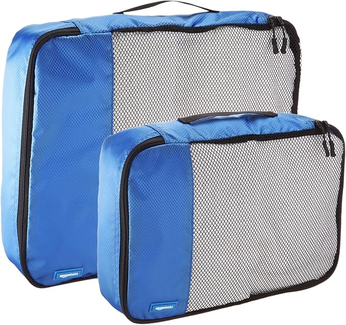 Amazon Basics Packing Cubes for Travel, Packing Organizers Set, 4-Piece-Set (2 Medium And 2 Large) With Double Zipper Pulls and Mesh Top Panel, 100% Durable Polyester, Blue