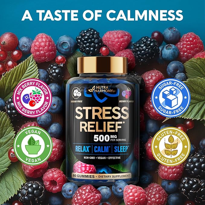 Stress Relief Support 500 mg - Relax, Calm & Sleep Support - Stress Gummies with L-Theanine | GABA | Ashwagandha | 5-HTP | Vitamin B6 & Magnesium - Sugar-Free, Vegan, Mixed Berry Flavor - 60 Gummies