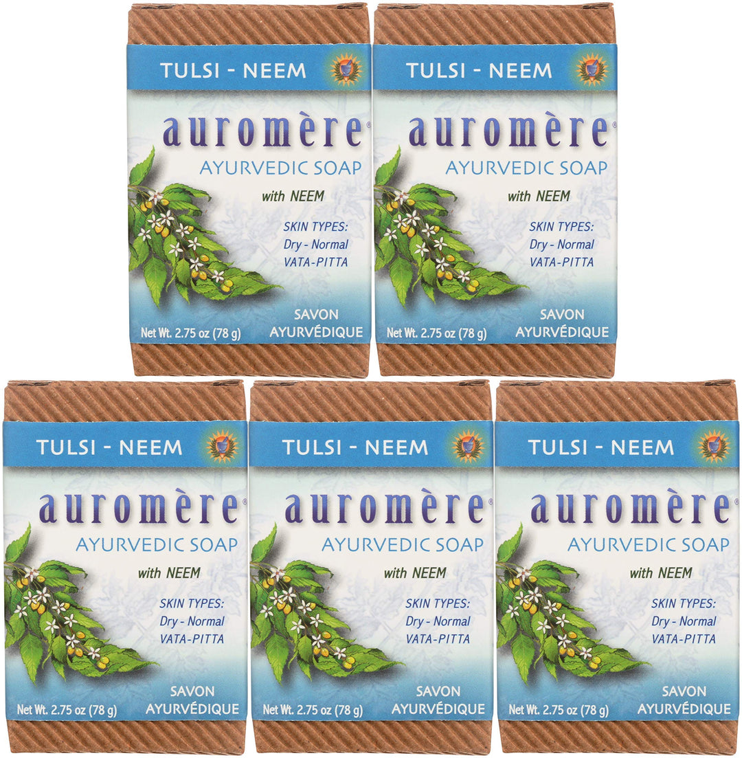 Auromere Ayurvedic Bar Soap, Tulsi Neem - Eco Friendly, Handmade, Vegan, Cruelty Free, Natural, Non Gmo (2.75 Oz), 5 Pack