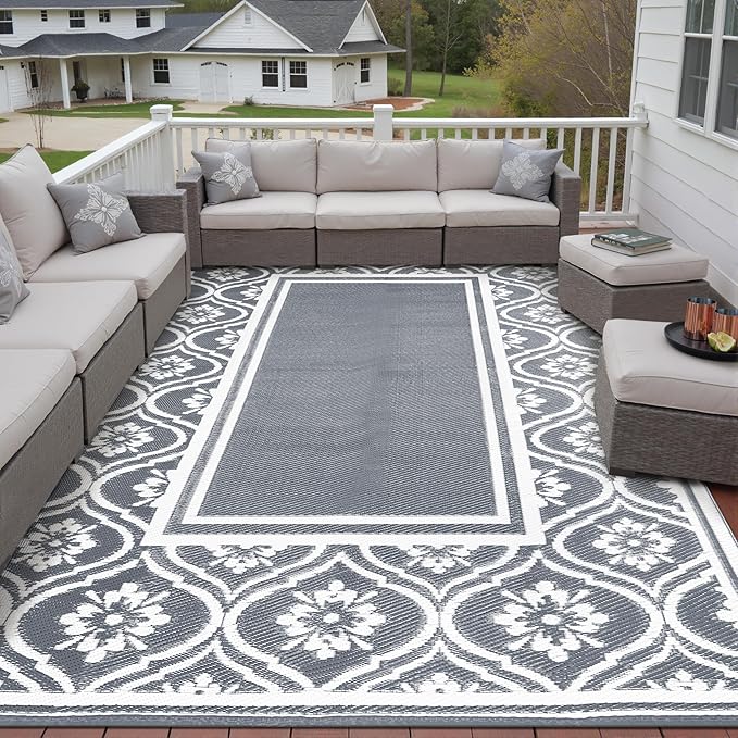 Outdoor Rug 8x10 Patio Waterproof Mat Camping Carpet Outside Area Rug Reversible Grey Rugs for RV Deck Entryance Porch Picnic Balcony Beach