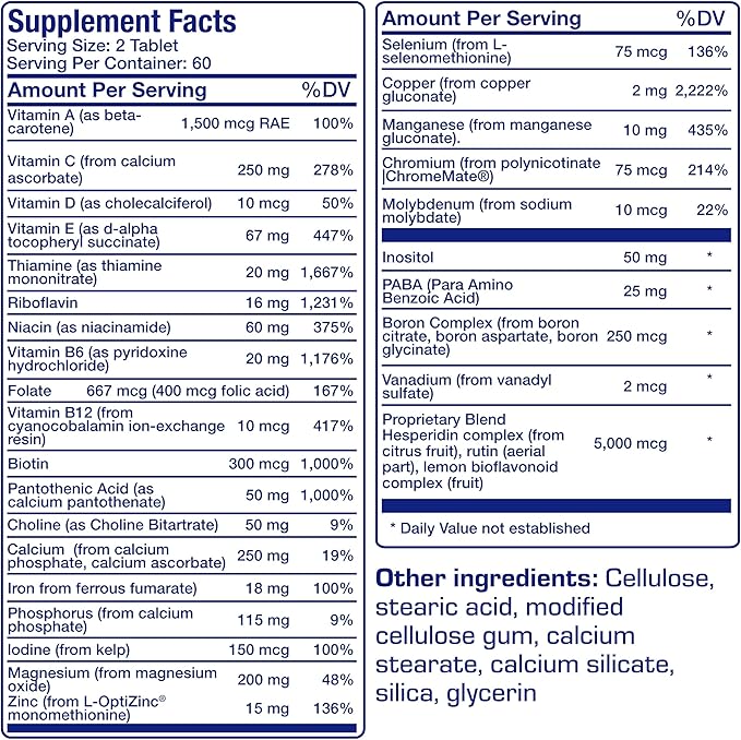 Iron Free Daily Multivitamin for Men and Women, 60 Tablets - AVED Daily Multi Vitamin and Minerals Health Supplement - Vitamins A, C, D, E, Vitamin B Complex, Zinc, Calcium, Magnesium, More