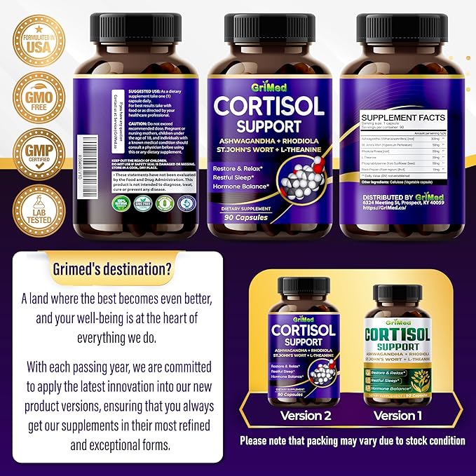 GriMed Ashwagandha Rhodiola 14,150mg - x 10 Power with St.John's Wort, L-Theanine - Restore & Relax, Restful Sleep - USA Made & Tested (90 Count (Pack of 1))