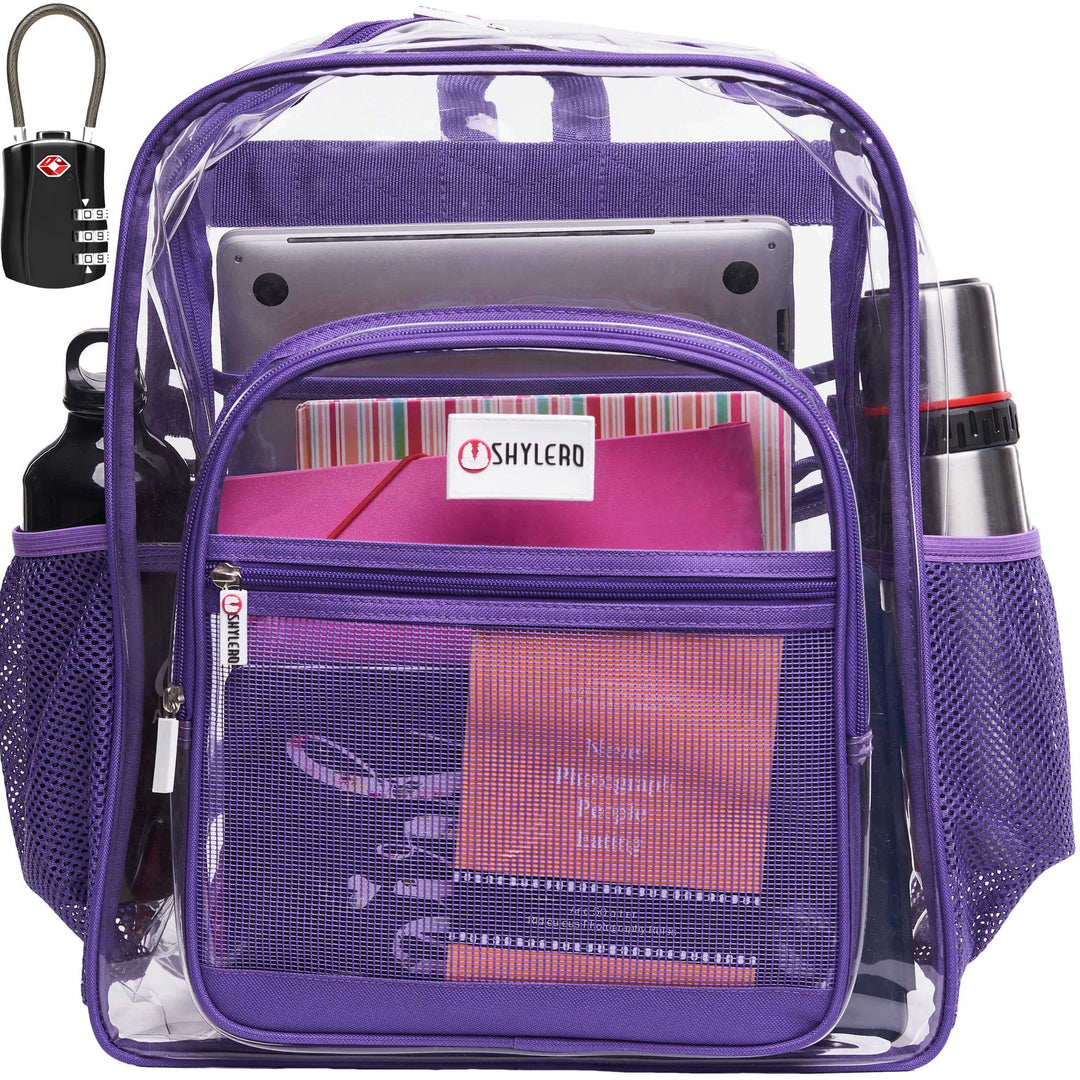 SHYLERO Clear Backpack Heavy Duty has TSA Lock, 2-WAY Zipper. PVC Transparent Backpack Is Extra Large - H18''xW14''xD8 - Purple