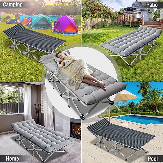 ABORON 2 Pack Folding Camping Cot W/Mat for Adults, Heavy Duty Outdoor Bed with Carry Bag,1200 D Layer Oxford Travel Camp Cots