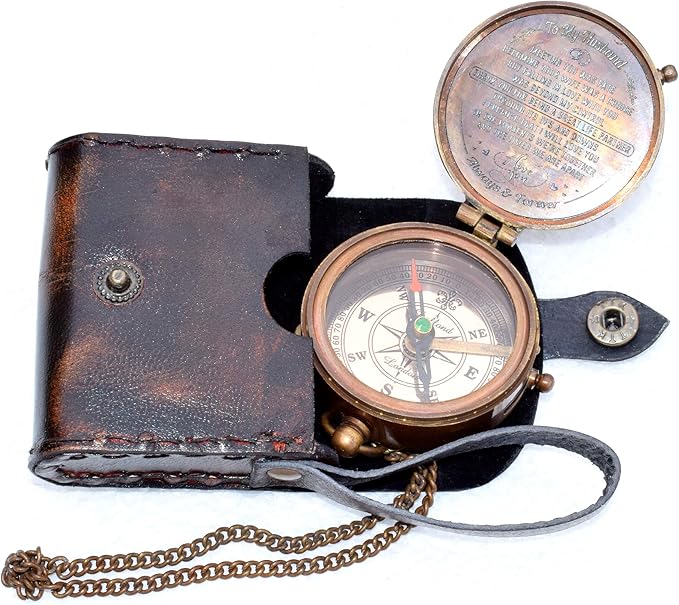 Antique Nautical Vintage Directional Magnetic Compass with Famous Scripture Quote Engraved Baptism Gifts with Leather Case or Wooden Case for Loved Ones, Son, Father, Love, Partner, Spouse, Fiancé
