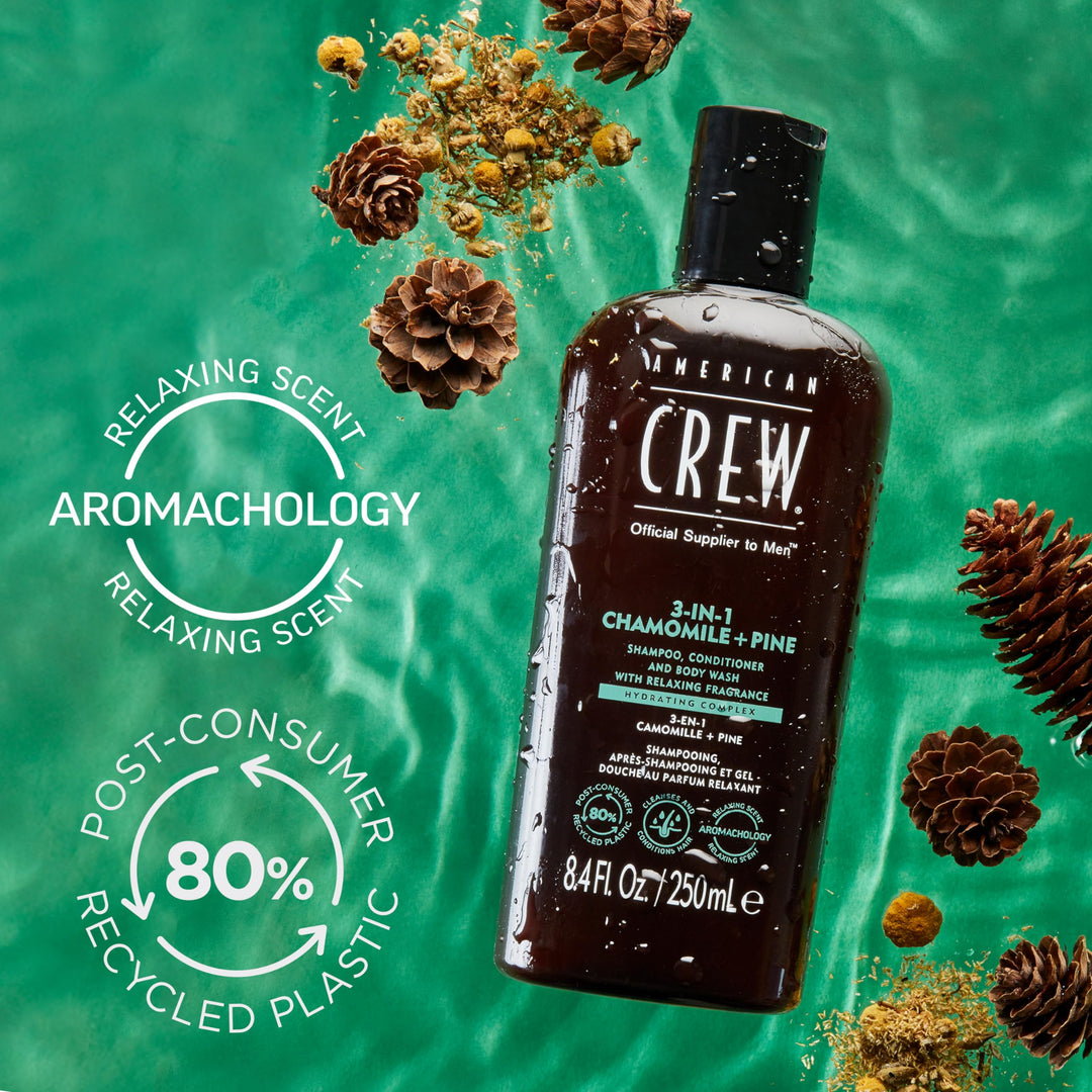 AMERICAN CREW 3-IN-1 CHAMOMILE + PINE Shampoo, Conditioner and Body Wash, 8.4 Fl Oz (Pack of 1)