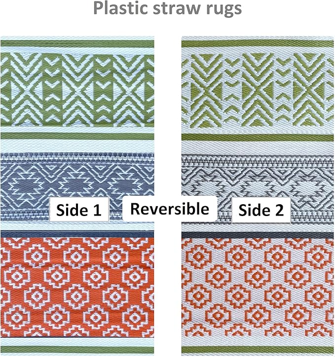 BalajeesUSA Outdoor Plastic Patio Rugs – 5x7 ft Green,Orange,Multipurpose,Woven Plastic Straw, All-Weather and Waterproof, Reversible Camper mat Sports Camp Backyard Picnic 711