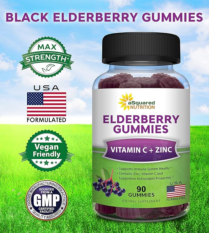 aSquared Nutrition Sambucus Elderberry Gummies with Zinc and Vitamin C - Chewable Gummy Supplement Alternative to Capsules Pills - Black Elderberries w/VIT C for Adults Immune Support - 90 Gummies