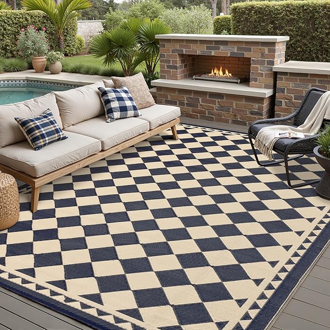 Outdoor Rug for Patios Clearance,Waterproof Mat,Large Outside Carpet,Reversible Plastic Straw Camping Rugs,Rv,Porch,Deck,Camper,Balcony,Backyard (8x10,Checkered/Black&Beige)