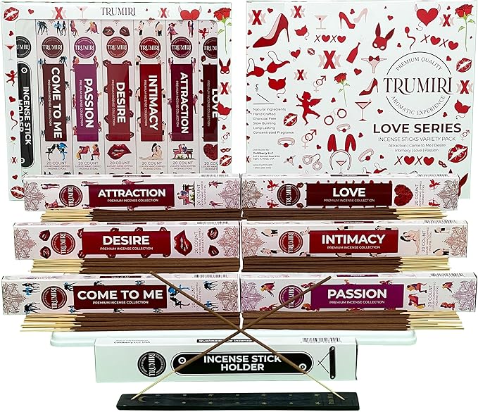 Trumiri Incense Sticks - Love Spell - Total 120 Insence-Sticks (20 Insense x 6 Incents) - Incienso Inscents-Sticks for Spell to Rekindle Call Attract New Fire of Love + Incense Holder