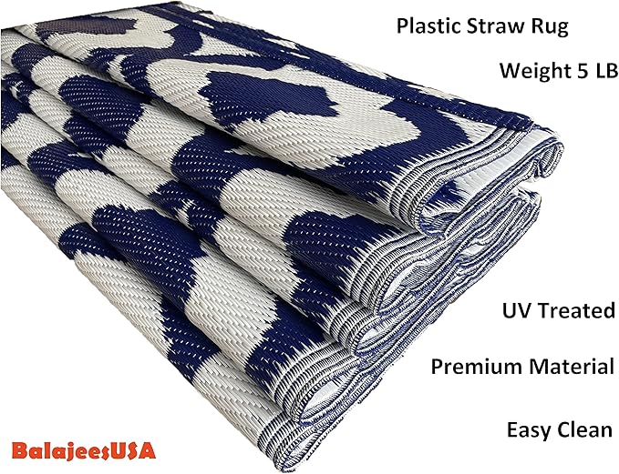 BalajeesUSA Recycled Outdoor Plastic Patio Rugs Clearance Waterproof RV Camper Rug Large Reversible mats 6'x9' Blue & White 20317
