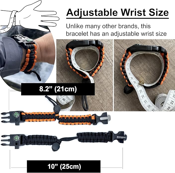 aZengear Paracord Survival Bracelet (2 Pack) | Flint Steel Fire Starter, Whistle, Compass, Mini Saw | Adjustable Wrist Band Size for Camping, Bushcraft, Emergency Kit (Black & Orange)