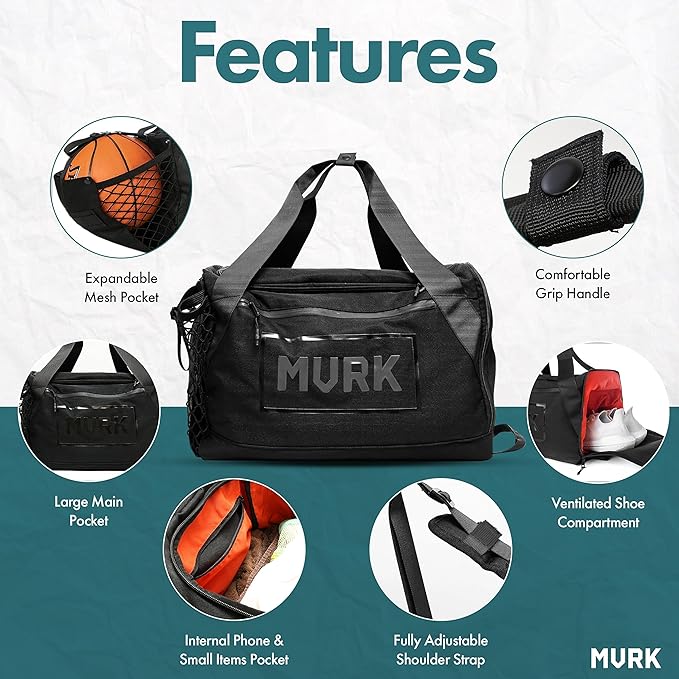 MVRK Waterproof Gym Bag: Durable Heavy Duty Duffle Bag with 8 Optimal Compartments- Water Proof Shoe Pouch and Ball Holder 18"