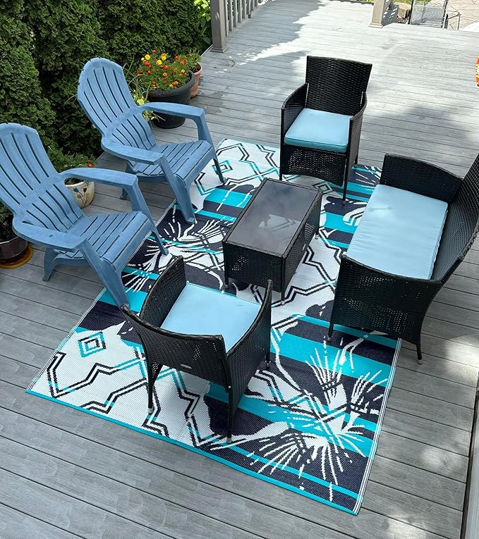 BalajeesUSA Outdoor Decor Patio Rugs – 6x9, Aqua Blue Waterproof Affordable Multipurpose Woven Plastic Straw All-Weather Waterproof Rug Reversible Camper mat Awning 7100