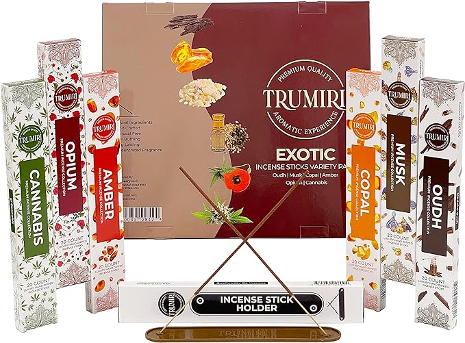 Exotic Incense Sticks Variety Pack - 120 Insence-Sticks (6 Incents x 20 Insense) - Copal Amber Oud (Agarwood) Musk - Natural Inscents-Sticks Non Toxic Incienso + Incense Holder for Men Women